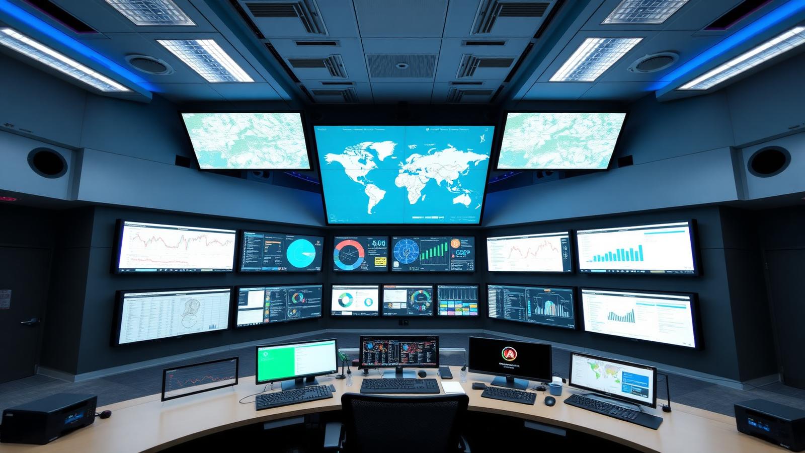 Federal command center with data dashboards